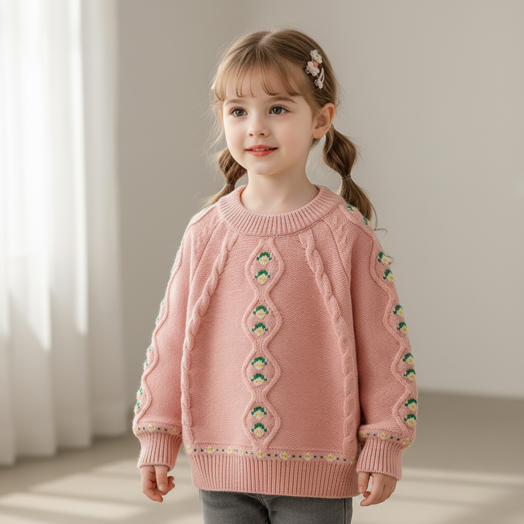 Girl’s Knitted Sweater – Soft Rabbit Fur Pullover with Flower Pattern