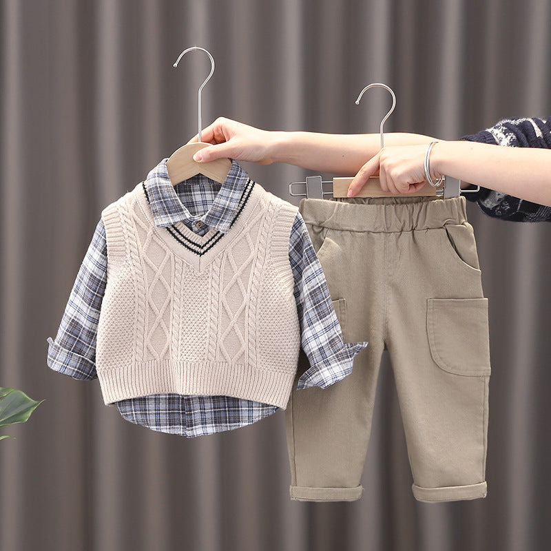 Boy Sweater Vest Three-Piece Set – Stylish Cotton Outfit for Spring & Autumn | LounaKid
