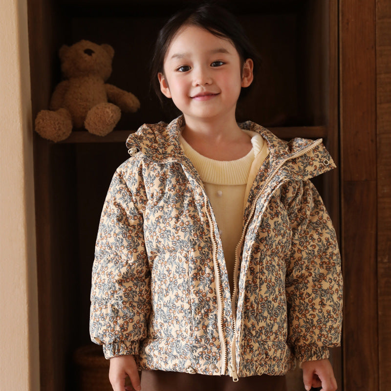 Girl’s Korean-Style Floral Down Jacket – Warm & Cozy Kids Outerwear