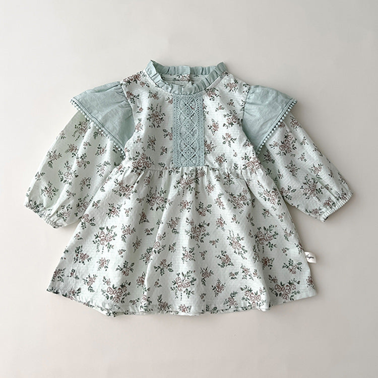 Girls’ Floral Doll‑Collar Long Sleeve Dress – Soft Cotton Autumn Style