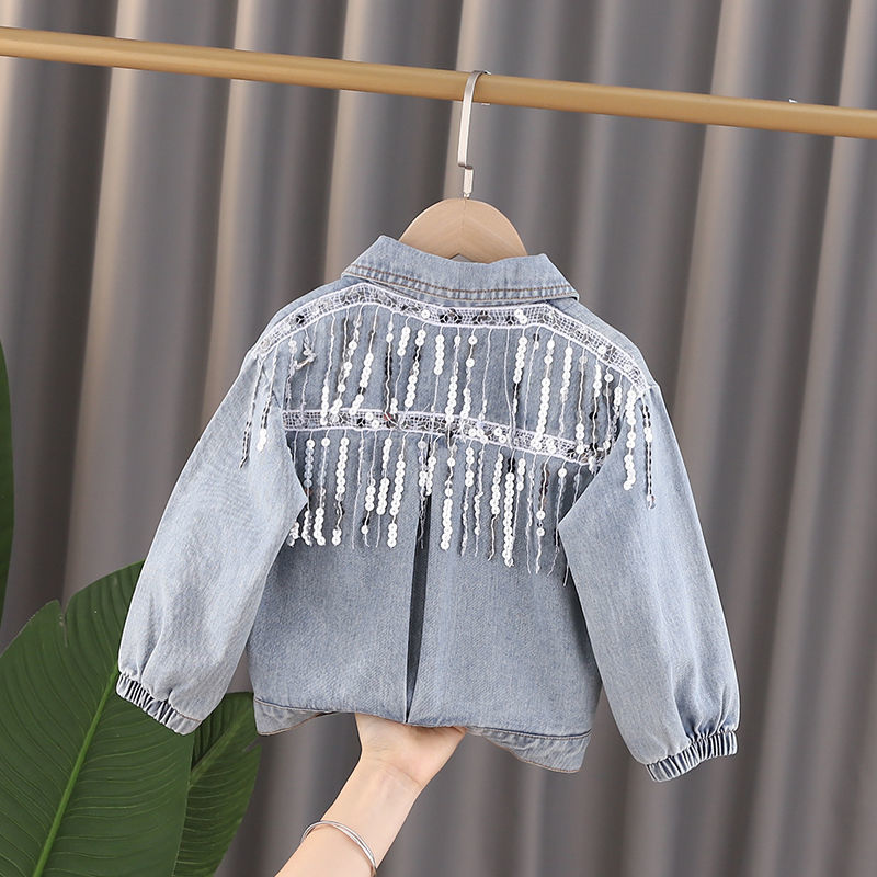 Girls’ Denim Jacket with Polo Collar – Stylish Long-Sleeve Outerwear for Kids