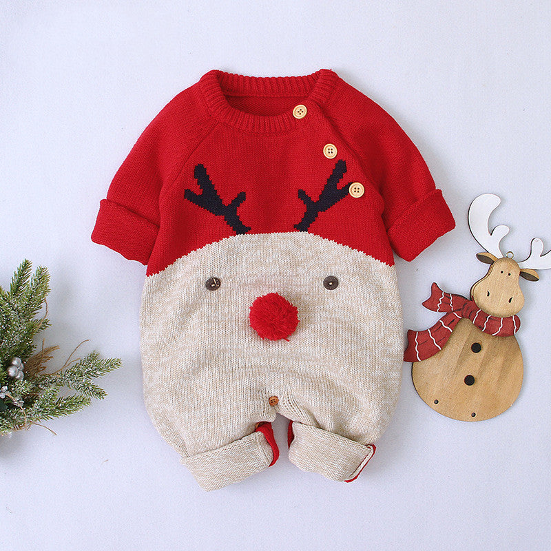 Knitted cartoon deer romper Christmas sweater