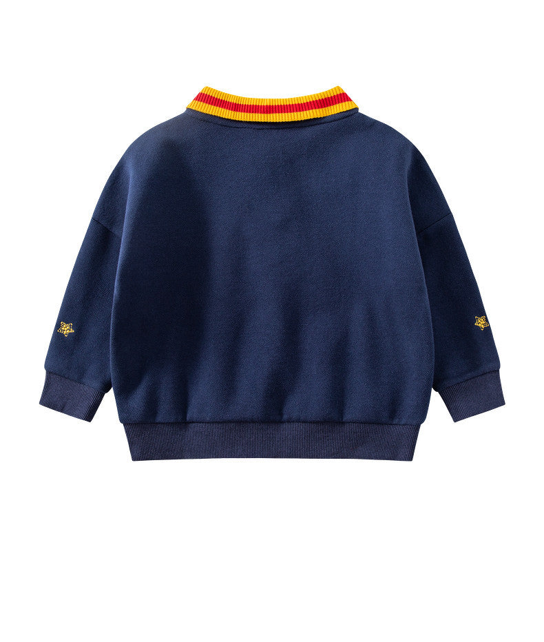 Kids Navy Blue Sweater with Yellow Collar – Embroidered Design Pullover