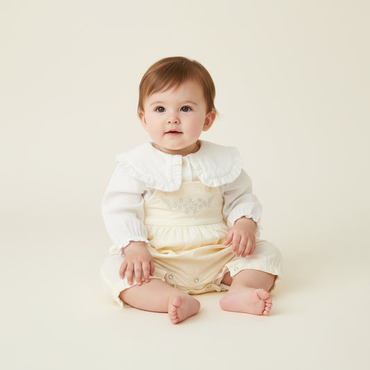 Baby wearing a white outfit with a lace top on a plain background