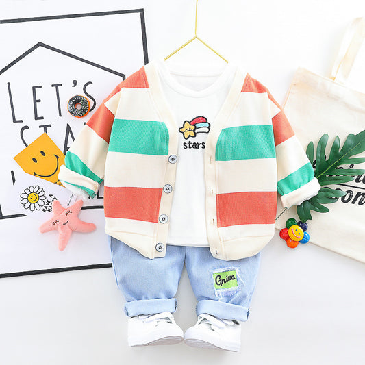 Boys And Girls Three-piece Baby Cotton Rainbow Striped Cardigan Jeans Kids