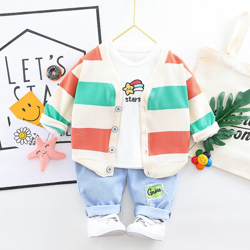 Boys And Girls Three-piece Baby Cotton Rainbow Striped Cardigan Jeans Kids