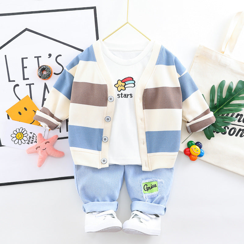 Boys And Girls Three-piece Baby Cotton Rainbow Striped Cardigan Jeans Kids