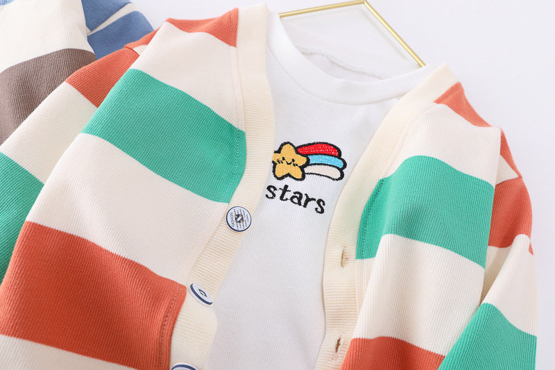 Boys And Girls Three-piece Baby Cotton Rainbow Striped Cardigan Jeans Kids