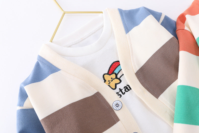 Boys And Girls Three-piece Baby Cotton Rainbow Striped Cardigan Jeans Kids