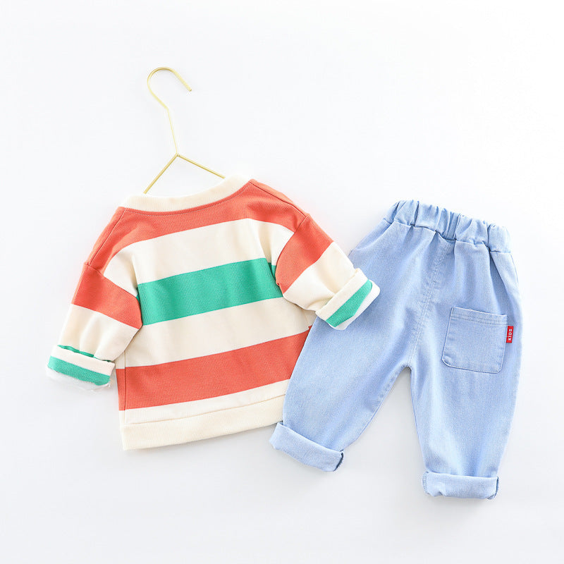 Boys And Girls Three-piece Baby Cotton Rainbow Striped Cardigan Jeans Kids
