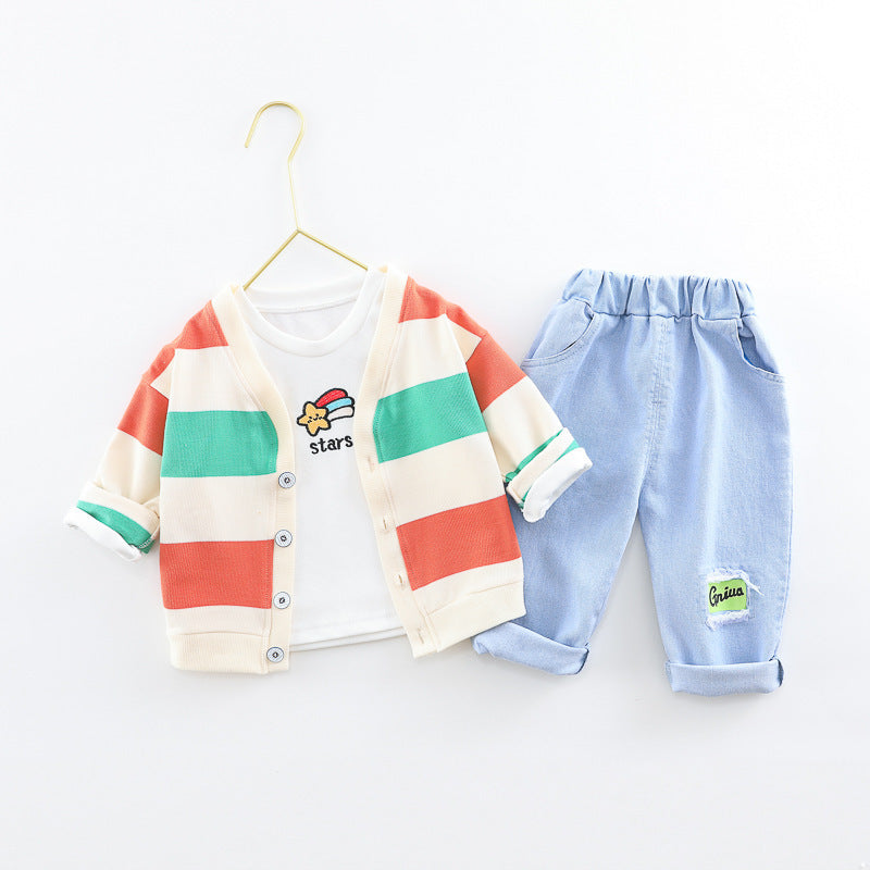 Boys And Girls Three-piece Baby Cotton Rainbow Striped Cardigan Jeans Kids