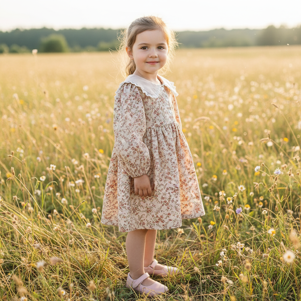 Girls’ Floral Doll‑Collar Long Sleeve Dress – Soft Cotton Autumn Style