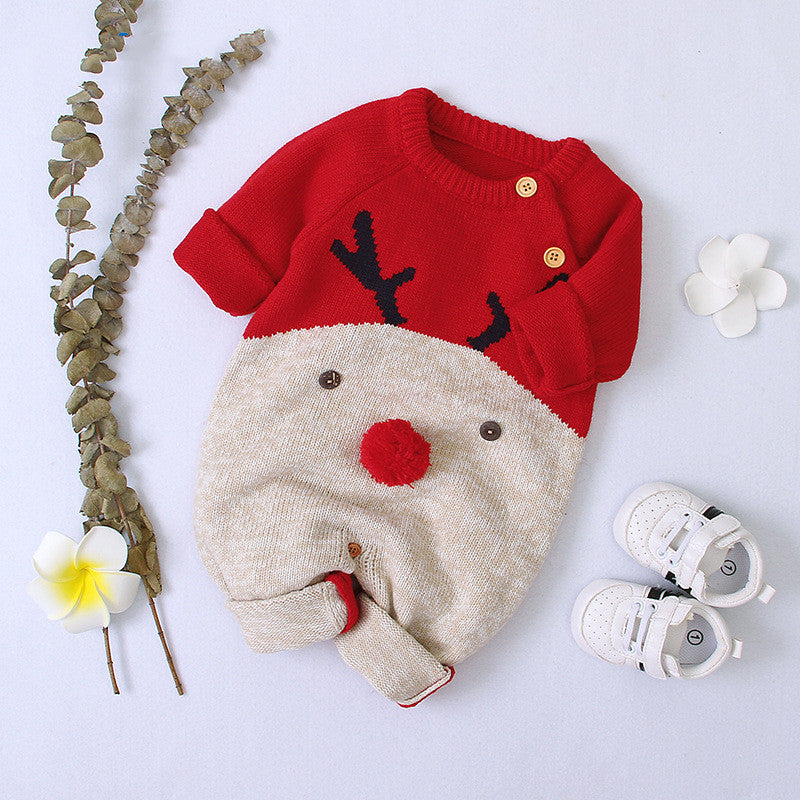 Knitted cartoon deer romper Christmas sweater