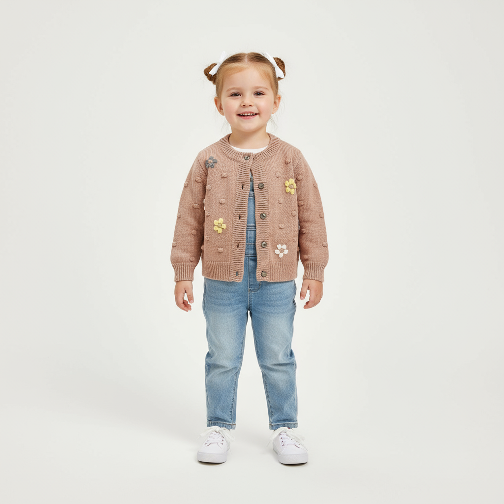 Child wearing a brown cardigan with floral buttons on a white background