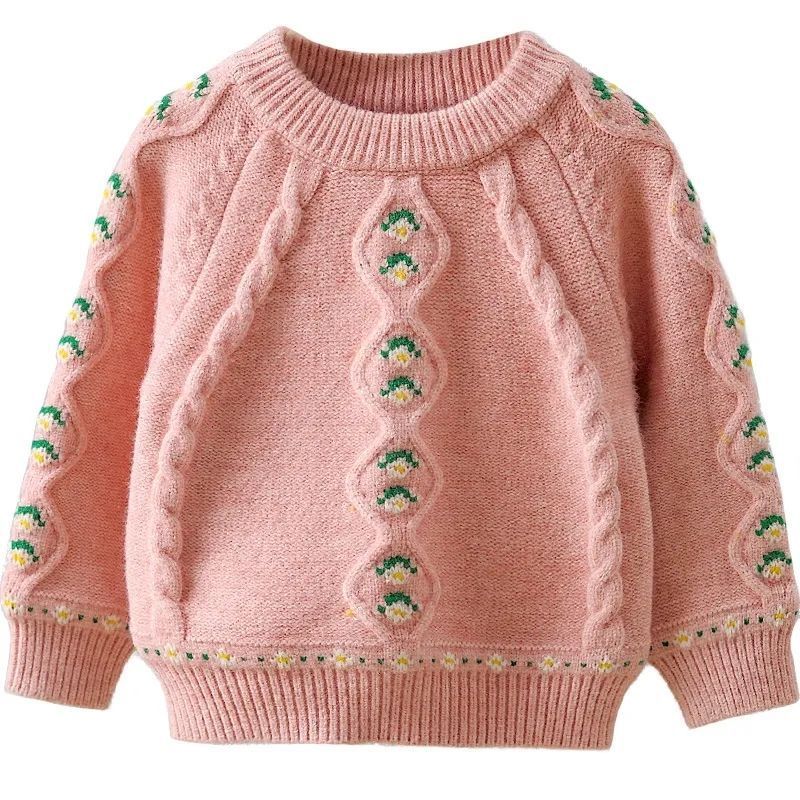 Girl’s Knitted Sweater – Soft Rabbit Fur Pullover with Flower Pattern