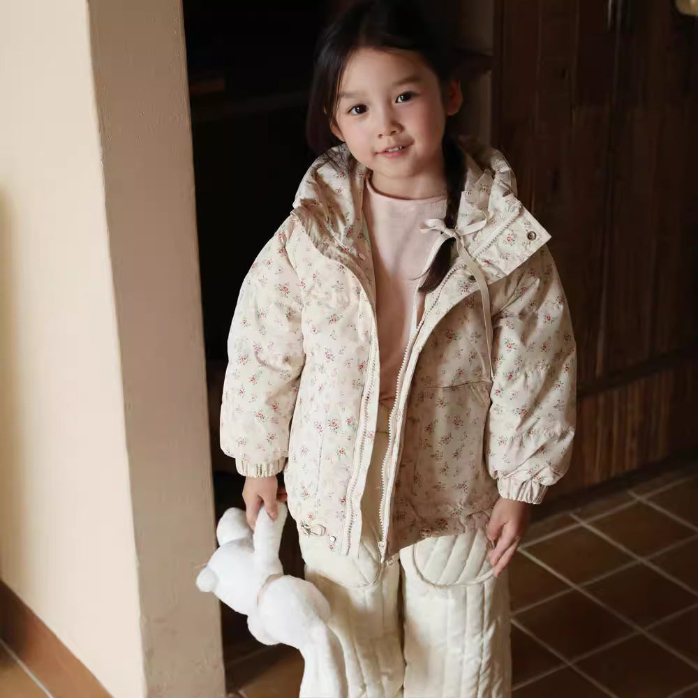 Girl’s Korean-Style Floral Down Jacket – Warm & Cozy Kids Outerwear