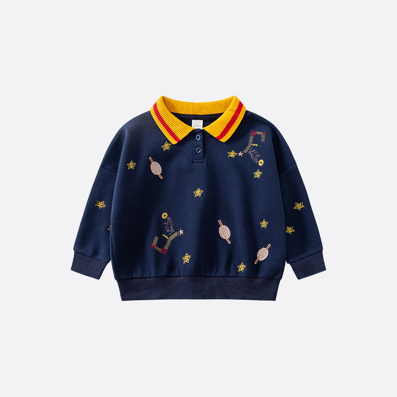 Kids Navy Blue Sweater with Yellow Collar – Embroidered Design Pullover