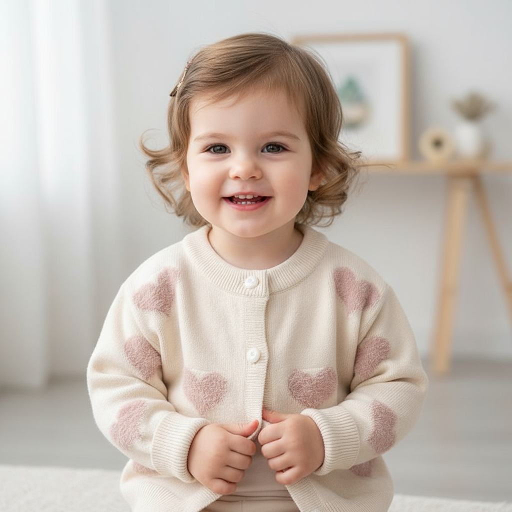 Child wearing a cream cardigan with pink heart patterns in a bright room.