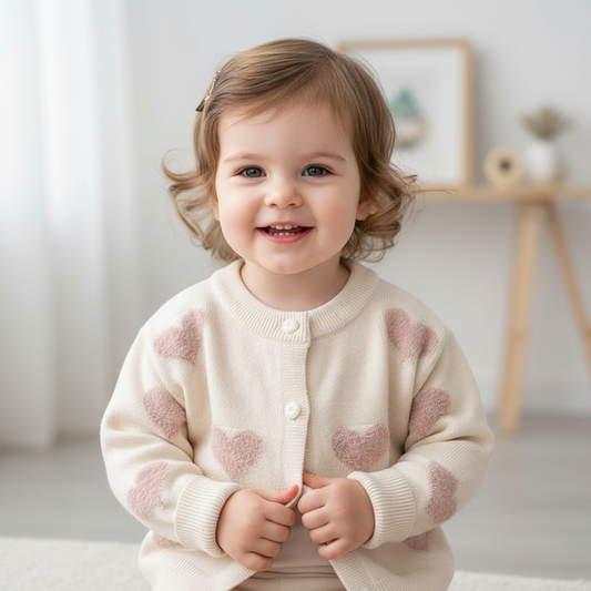 Child wearing a cream cardigan with pink heart patterns in a bright room.
