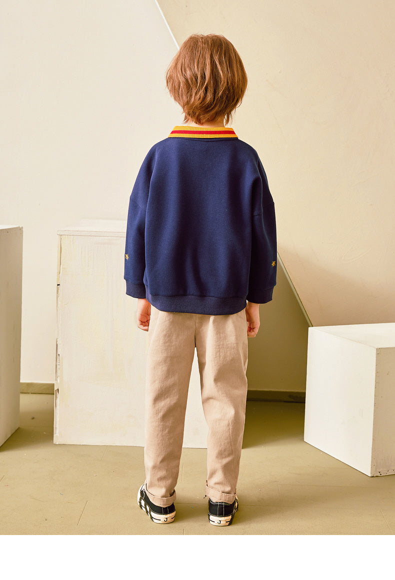 Kids Navy Blue Sweater with Yellow Collar – Embroidered Design Pullover