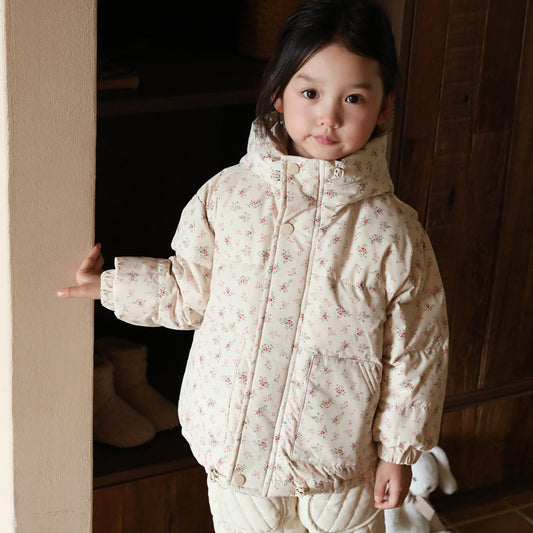 Girl’s Korean-Style Floral Down Jacket – Warm & Cozy Kids Outerwear