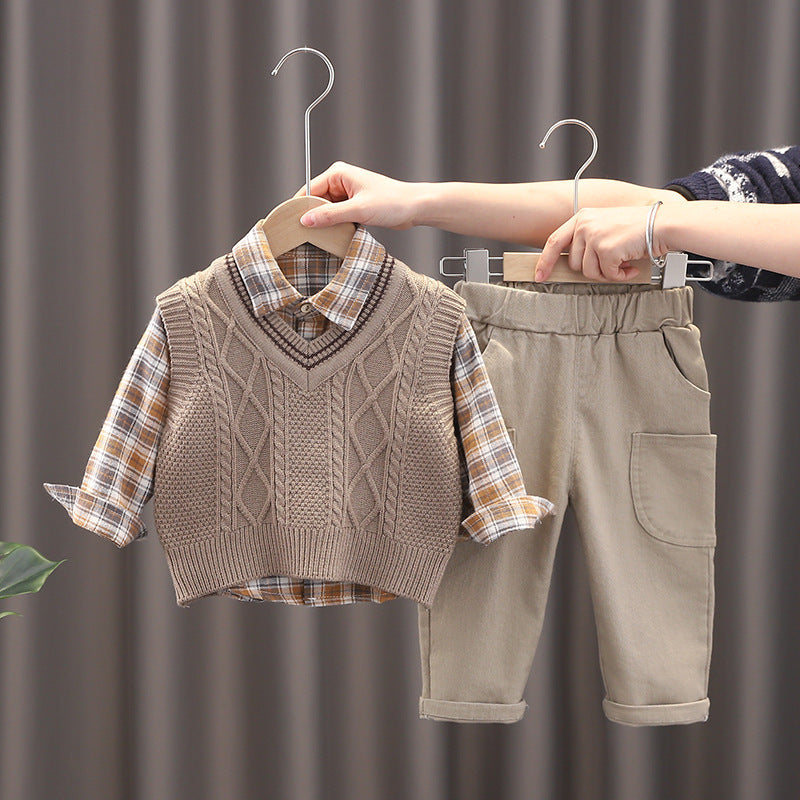 Boy Sweater Vest Three-Piece Set – Stylish Cotton Outfit for Spring & Autumn | LounaKid