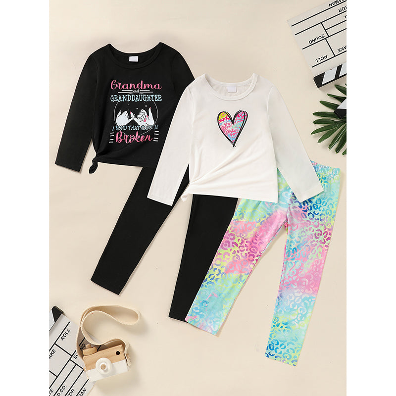 Kid's 'Grandma And Granddaughter' Letter & Heart Print Long Sleeve Top & Pants Set, 2 Sets Comfy Loungewear Outfit