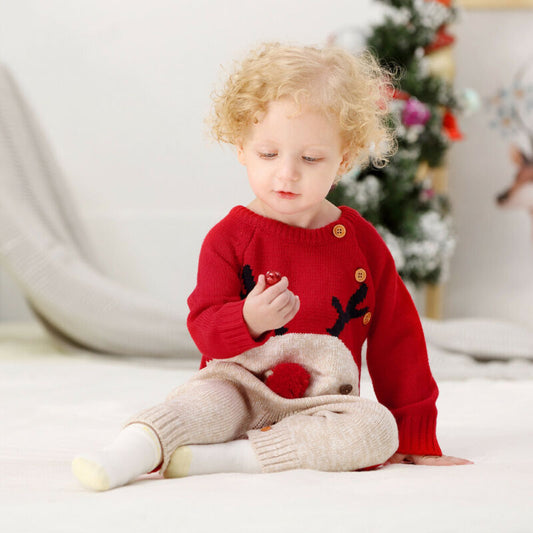 Knitted cartoon deer romper Christmas sweater