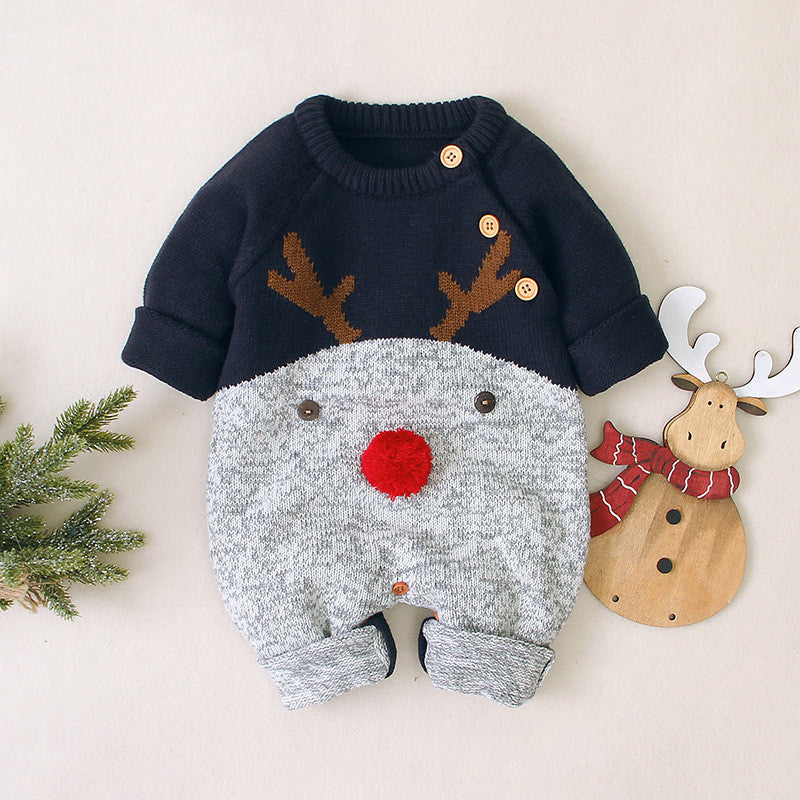 Knitted cartoon deer romper Christmas sweater