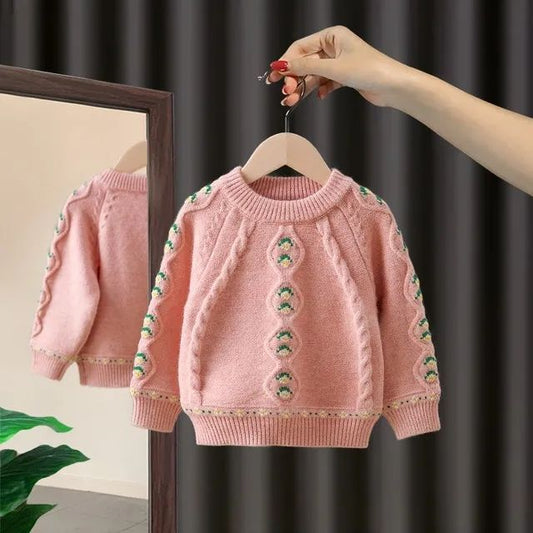 Girl’s Knitted Sweater – Soft Rabbit Fur Pullover with Flower Pattern