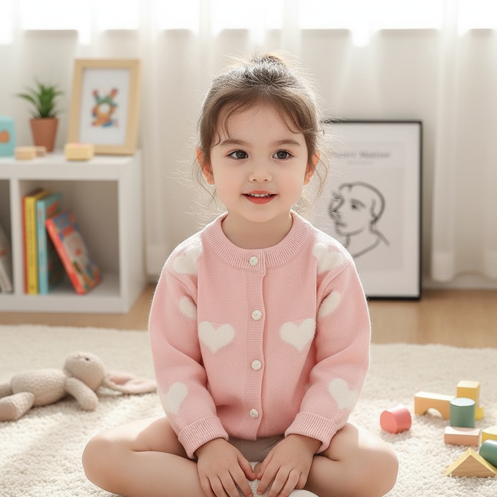 Child wearing a pink cardigan with heart patterns sitting on the floor in a room with toys and books.