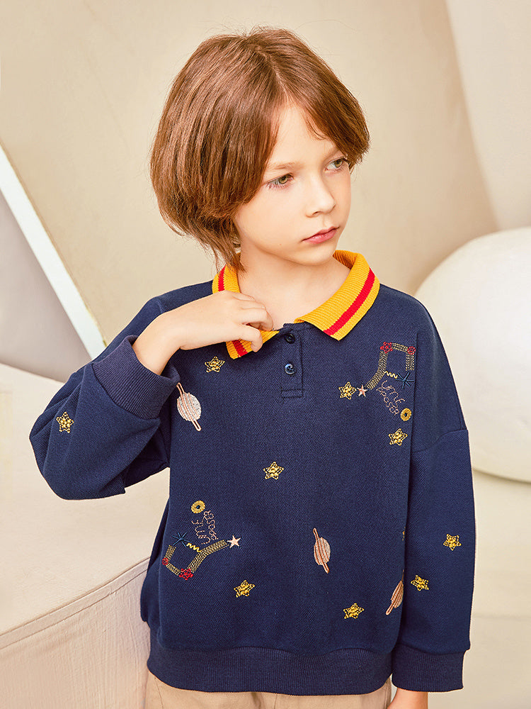 Kids Navy Blue Sweater with Yellow Collar – Embroidered Design Pullover