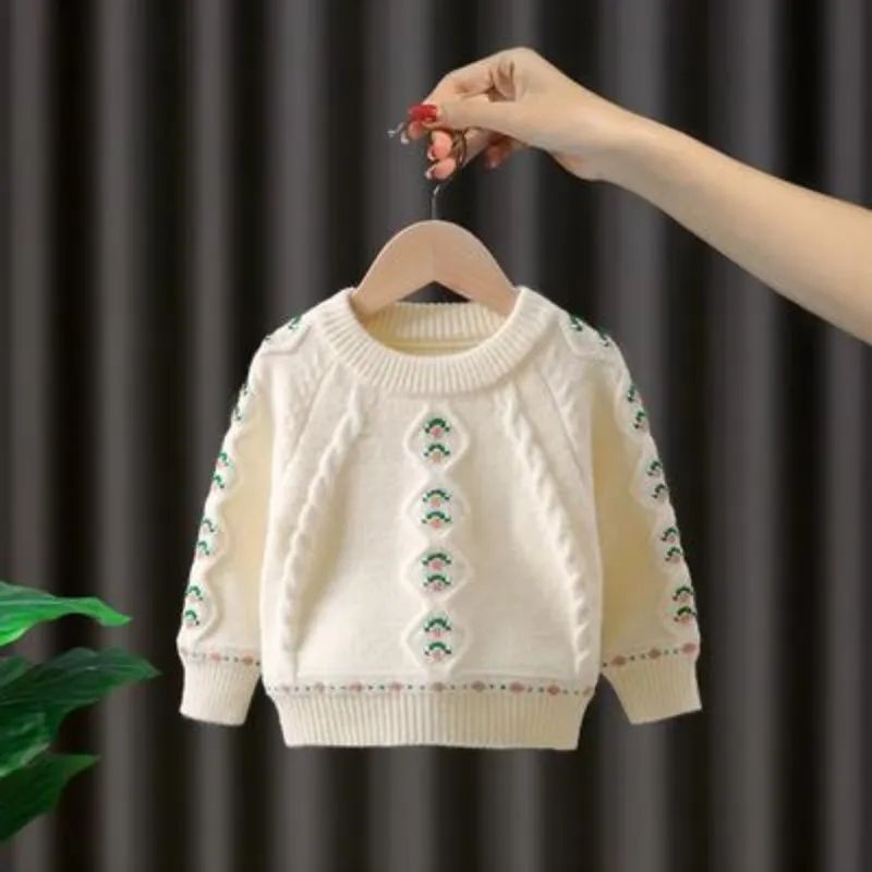 Girl’s Knitted Sweater – Soft Rabbit Fur Pullover with Flower Pattern
