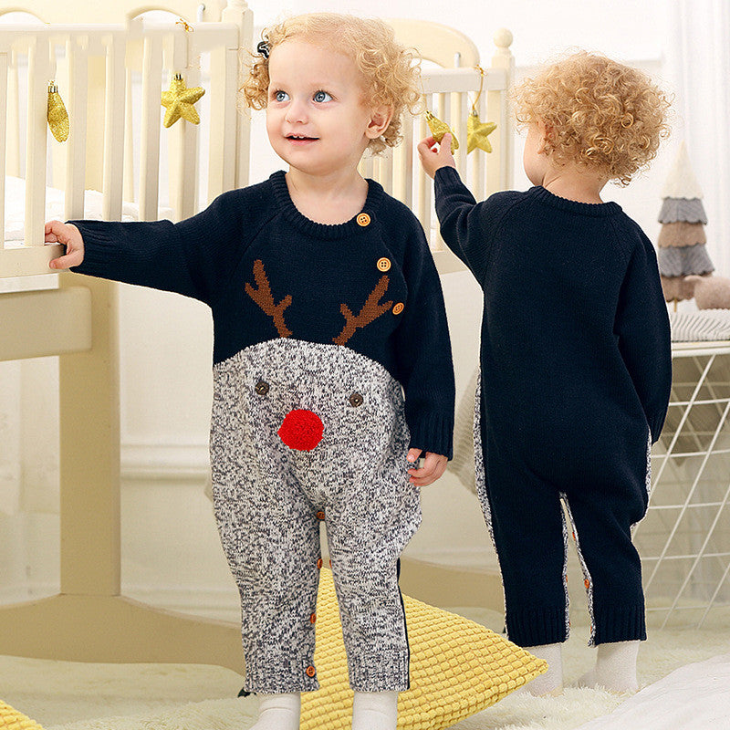 Knitted cartoon deer romper Christmas sweater