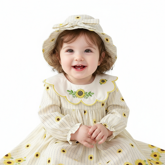 Girls’ Sunflower Print Doll‑Collar Long Sleeve Dress – Soft Cotton Autumn Style