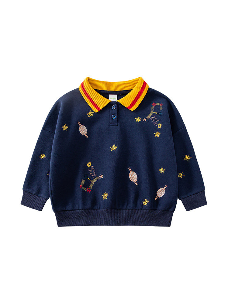 Kids Navy Blue Sweater with Yellow Collar – Embroidered Design Pullover
