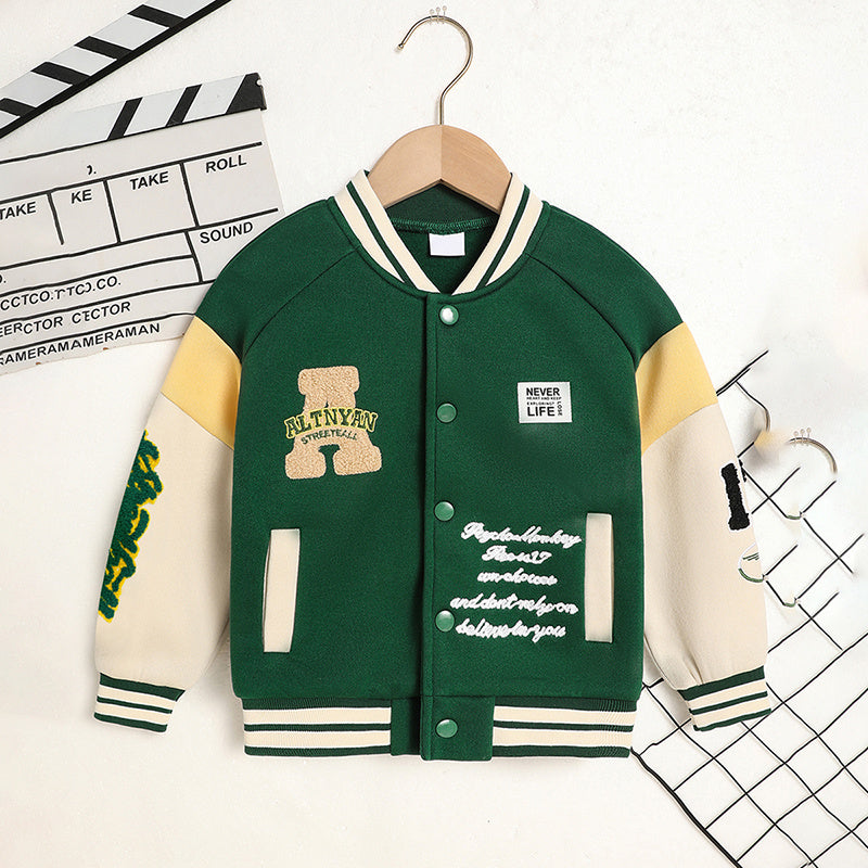 Green varsity jacket with white and yellow accents on a hanger against a white background.