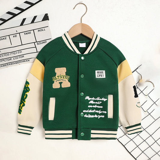 Green varsity jacket with white and yellow accents on a hanger against a white background.