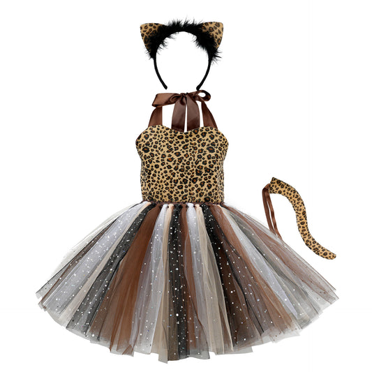 Leopard Animal Cosplay Costume Mesh Halloween Party Kids' Skirt