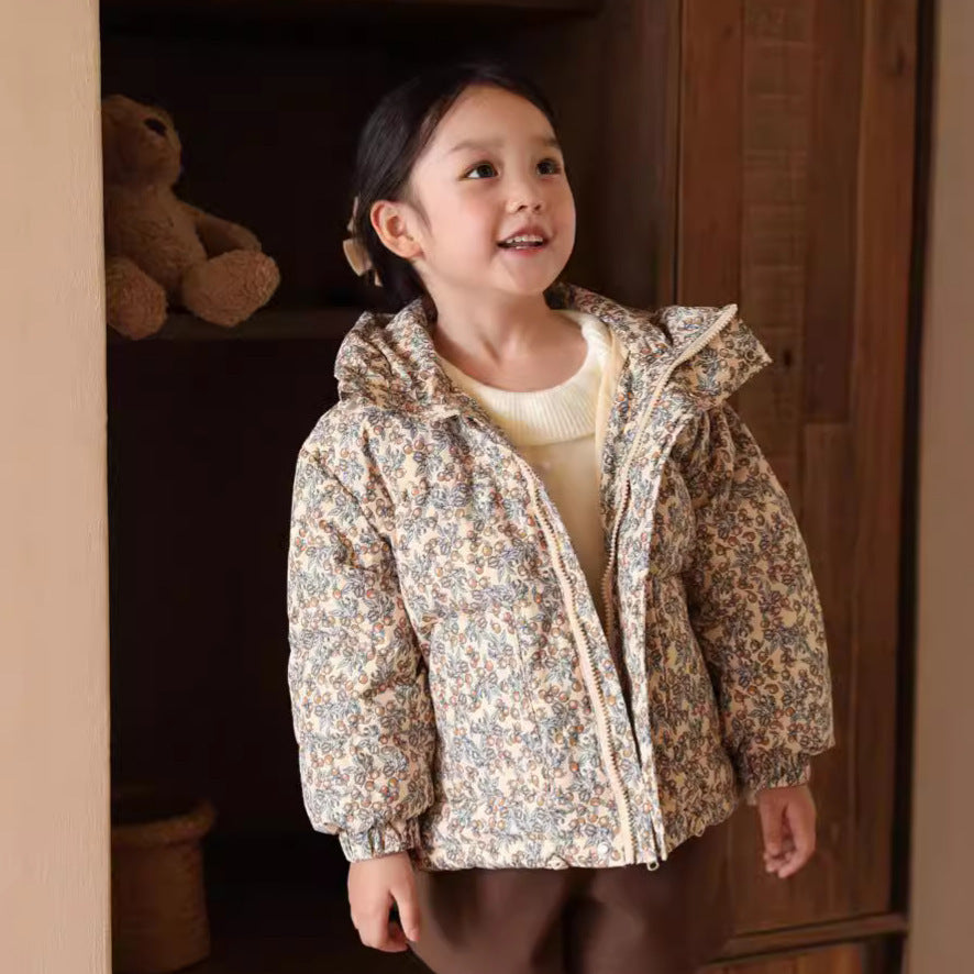 Girl’s Korean-Style Floral Down Jacket – Warm & Cozy Kids Outerwear