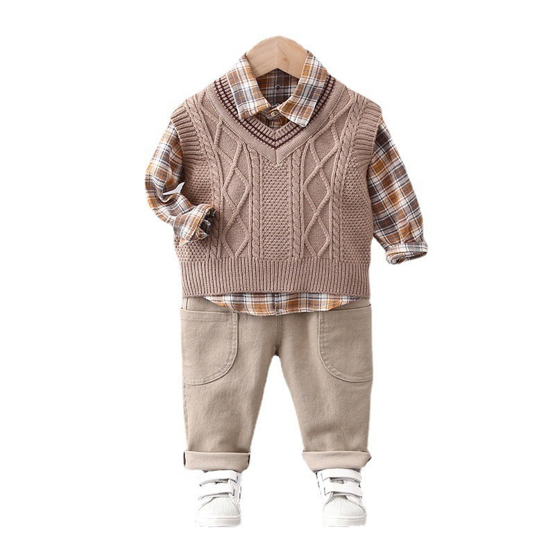 Boy Sweater Vest Three-Piece Set – Stylish Cotton Outfit for Spring & Autumn | LounaKid