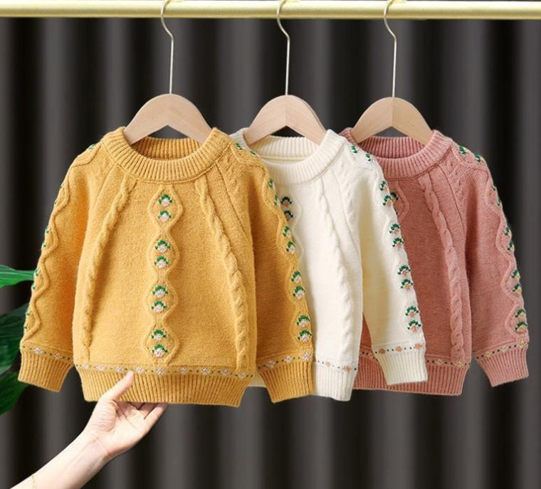 Girl’s Knitted Sweater – Soft Rabbit Fur Pullover with Flower Pattern
