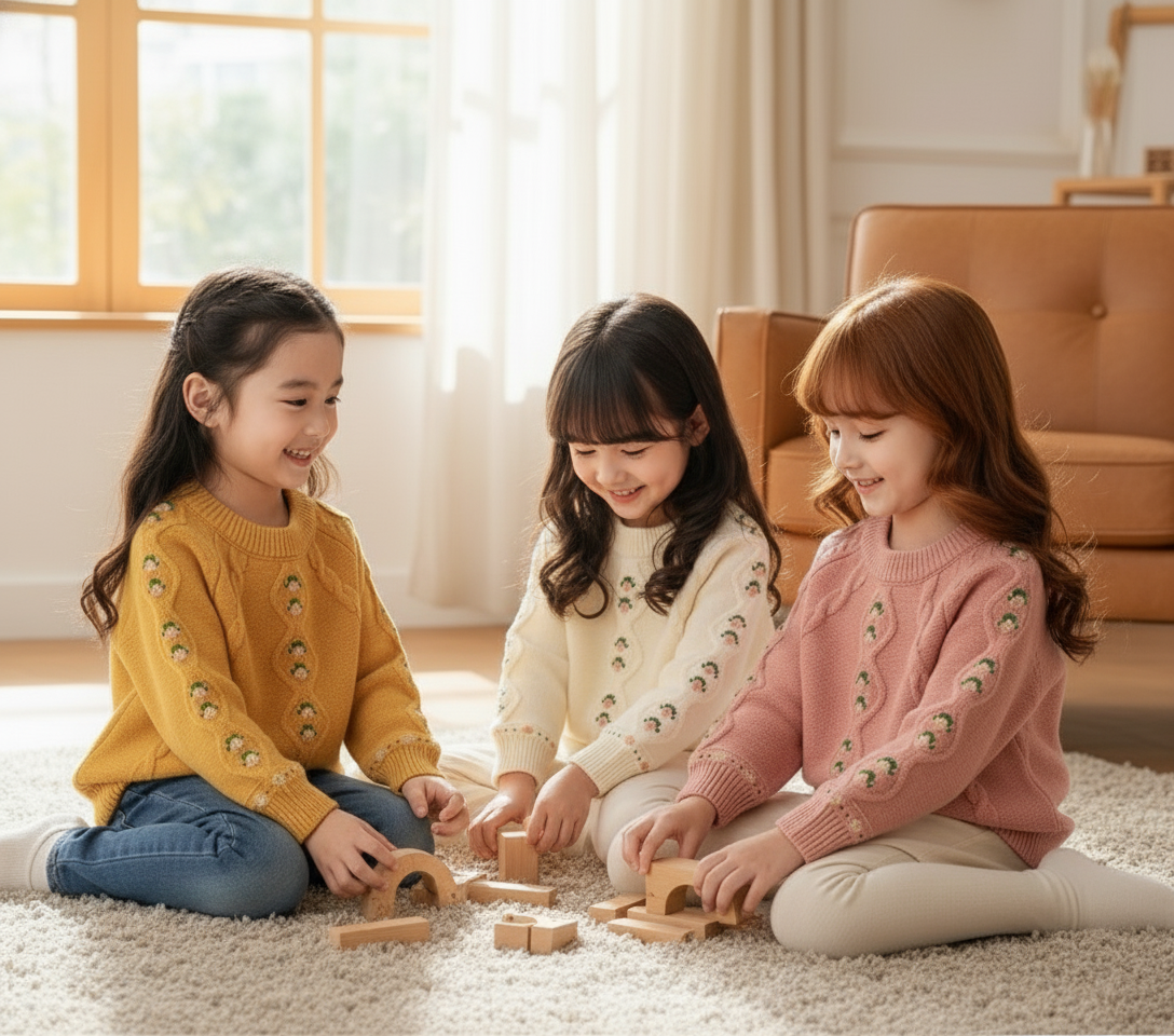 Girl’s Knitted Sweater – Soft Rabbit Fur Pullover with Flower Pattern