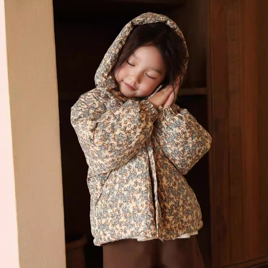 Girl’s Korean-Style Floral Down Jacket – Warm & Cozy Kids Outerwear