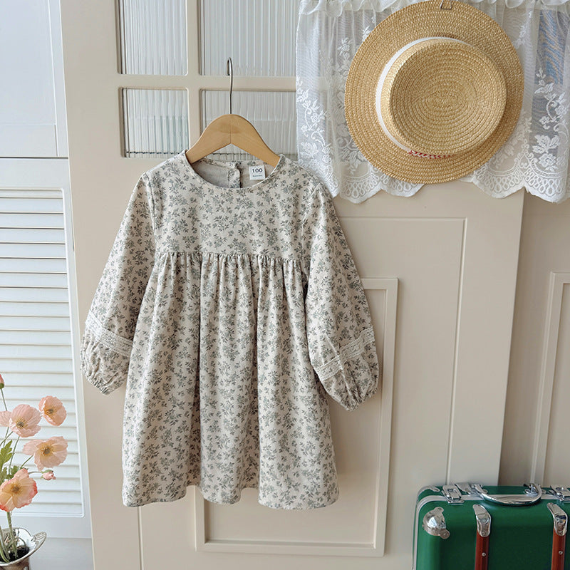 Round Neck Puff Sleeve Lace Girl Dress