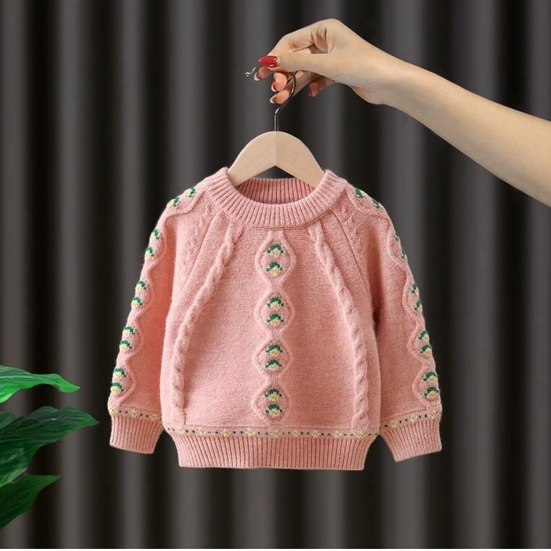Girl’s Knitted Sweater – Soft Rabbit Fur Pullover with Flower Pattern