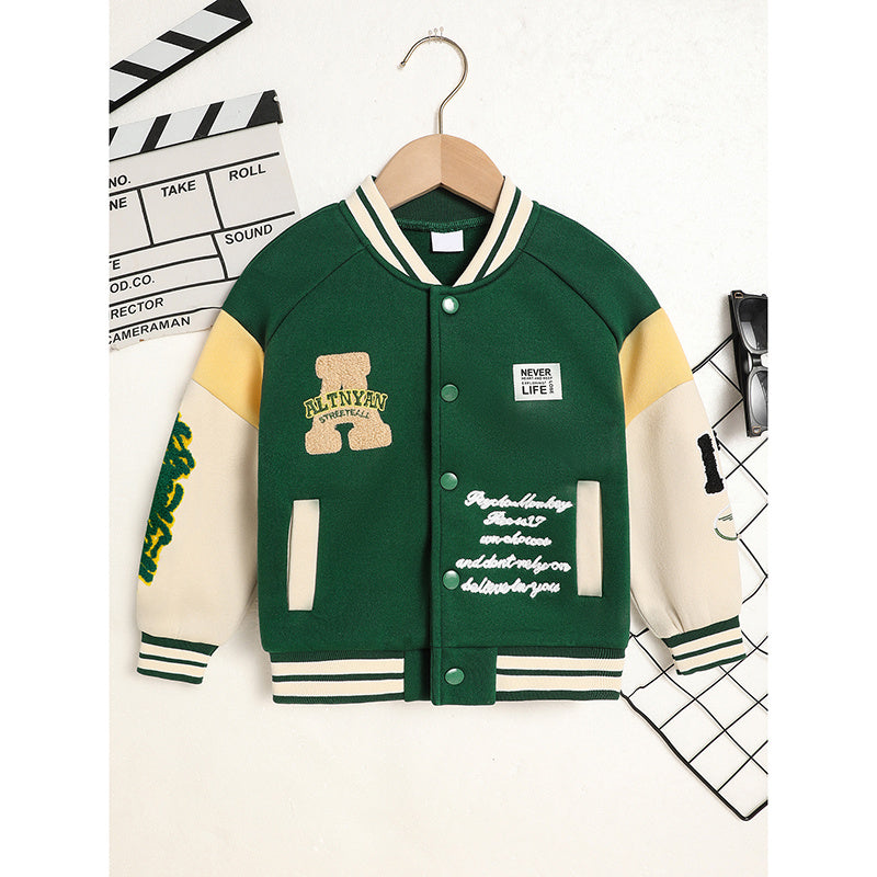 Green and beige varsity jacket on a hanger with a white background
