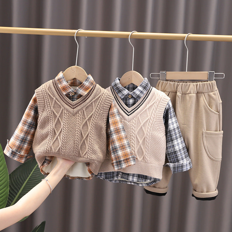 Boy Sweater Vest Three-Piece Set – Stylish Cotton Outfit for Spring & Autumn | LounaKid