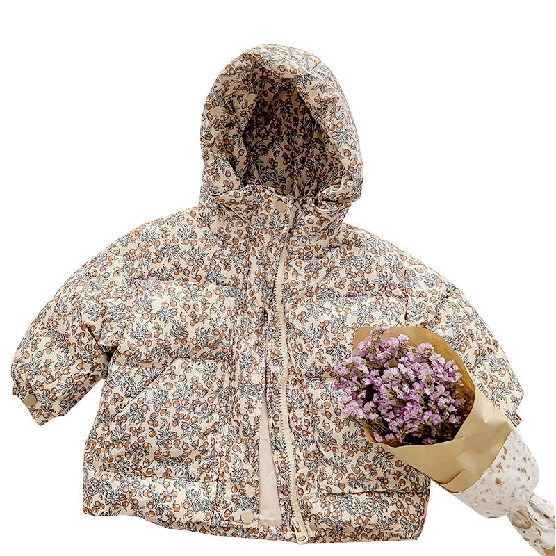 Girl’s Korean-Style Floral Down Jacket – Warm & Cozy Kids Outerwear