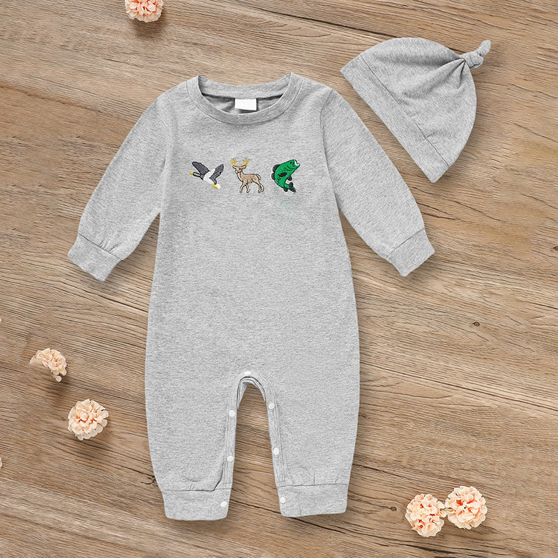 Newborn Baby Boy Outfits Long Sleeve Animal Print Romper & Hat 2Pcs Fall Winter Clothes Set